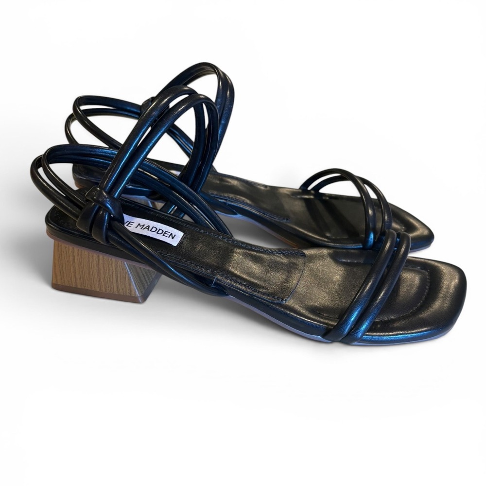 Steve Madden Black Strappy Square Toe Wood Block Heel Sandals Women's Size 8